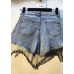 Modern Denim Blue Button Diamonds Tassel Cotton Shorts